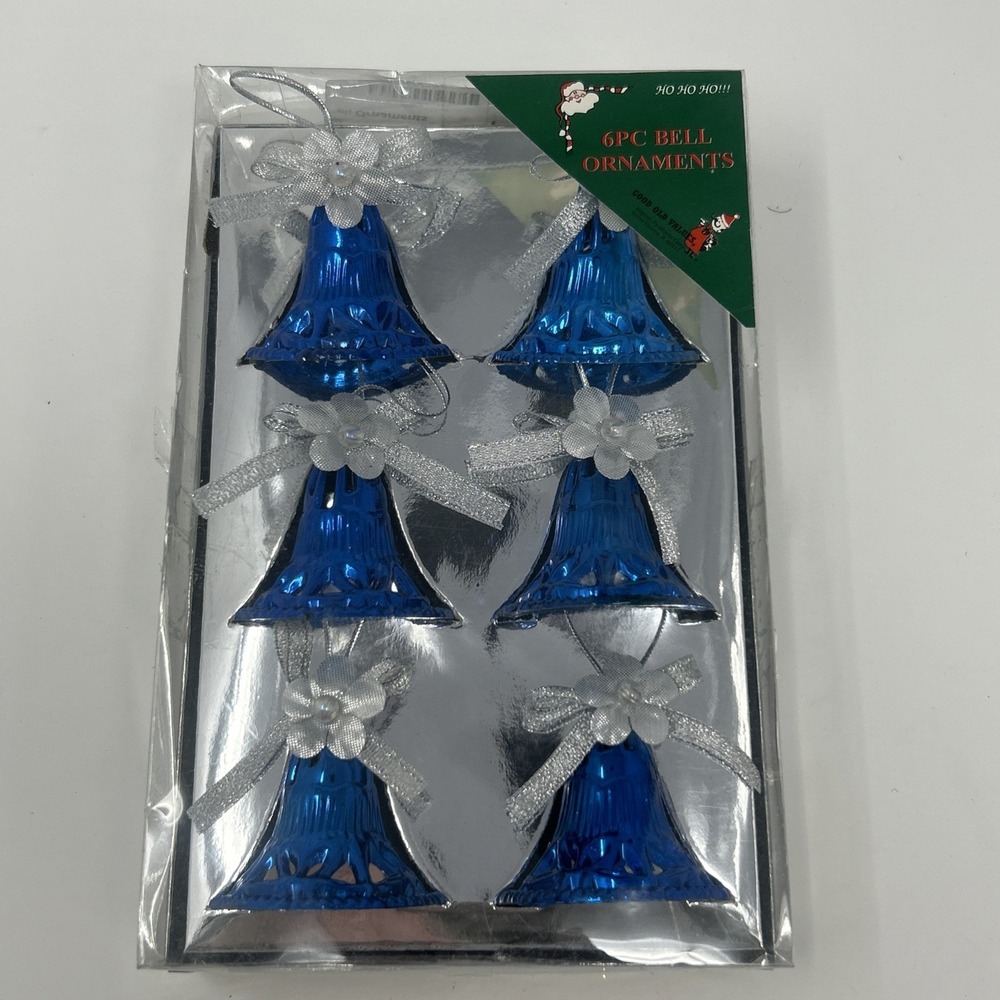 NIB Good Old Values 6 Pc Bell Ornaments Blue With Silver Ribbon Sealed